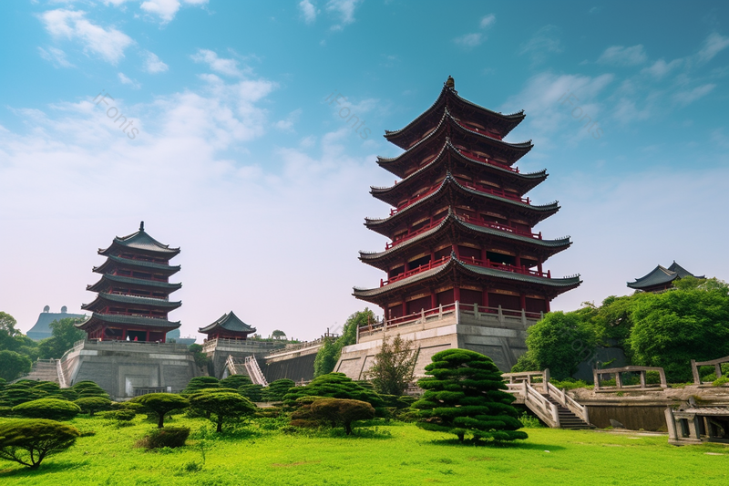 天空下的亭台楼阁建筑旅游胜地摄影图,高清,摄影图,摄影图片,图片大全,摄影图免费下载
